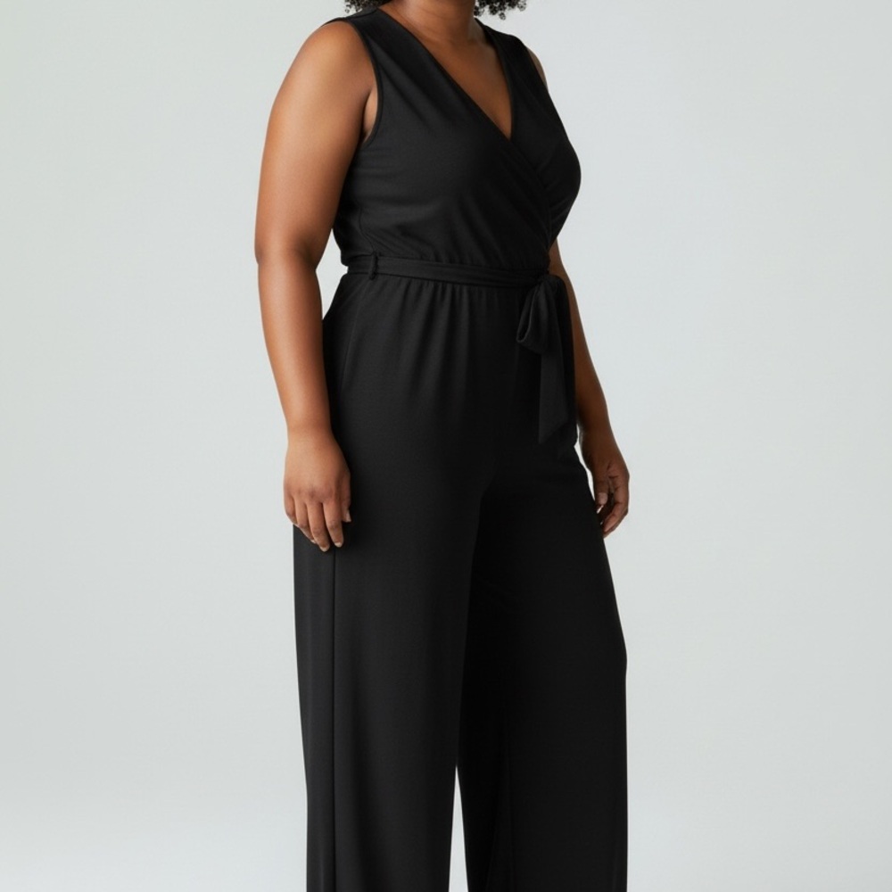 NY Collection Black Sleeveless Wrap-Front Jumpsuit w/ Tie Waist Women’s Size XL - Picture 3 of 9
